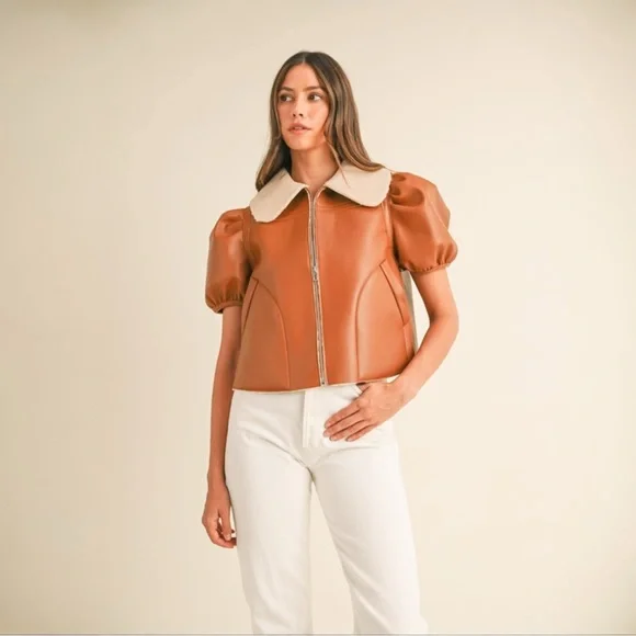 Shearling Lined Camel Puff Sleeve Cropped Leather Jacket with Peter Pan Collar - Picture 3 of 10